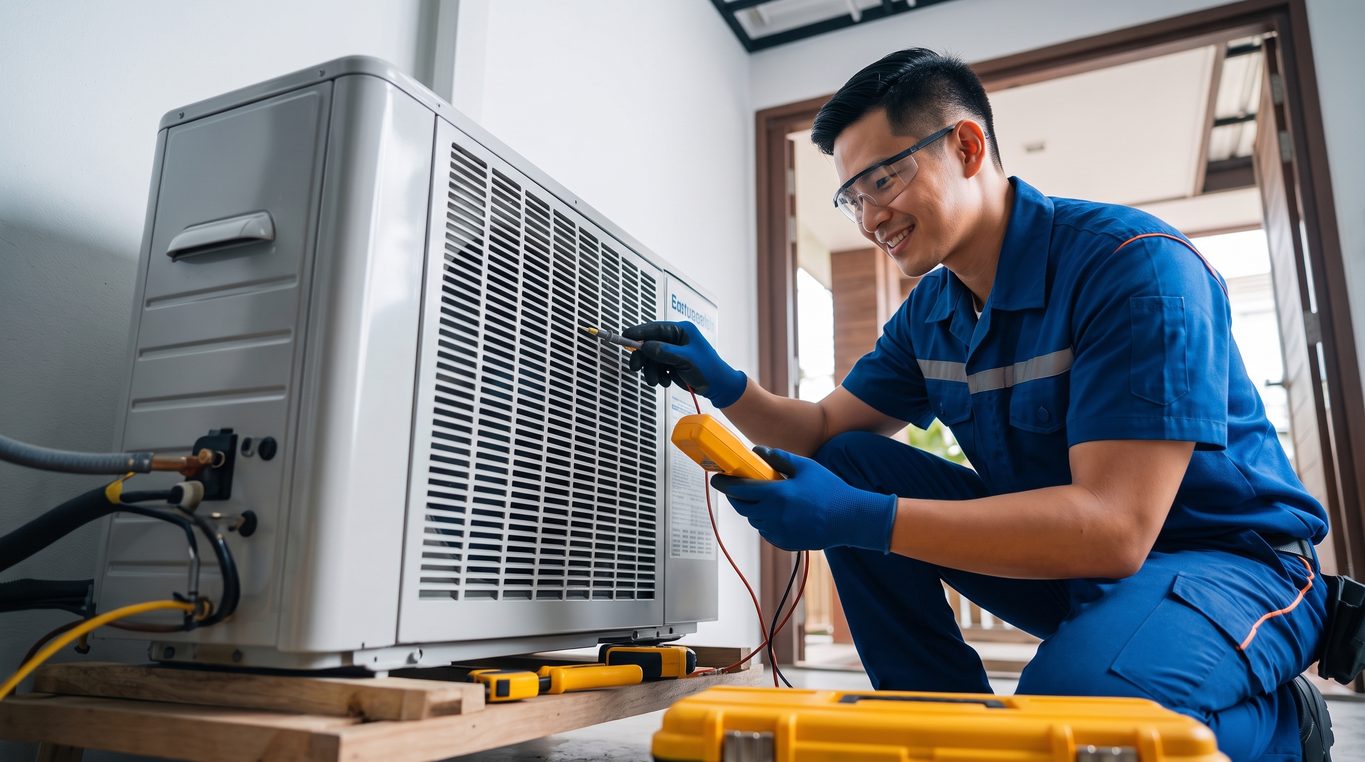 Wish Cool technician servicing an outdoor aircon condenser unit in Singapore